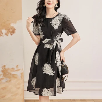 Елегантни модни дрехи за жени 2023, Лятна Рокля с къс ръкав, бродерии и флорални принтом, Дамски дрехи трапецовидна форма, Черна рокля