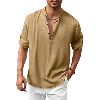 Мъжки Памучни Ленени Ризи 2023, Ежедневни риза с дълъг ръкав, Потници, Реколта однотонная блуза, Хавай, Плажна Дишащи облекла За мъже