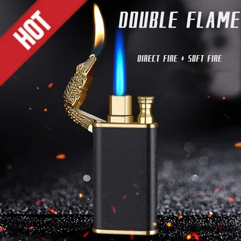 Нова запалка Blue Flame, с метален крокодили, и Делфина, двоен Огън, креативна Директен Ветрозащитная реализация на открит огън, Сигаретка, мъжки подаръци