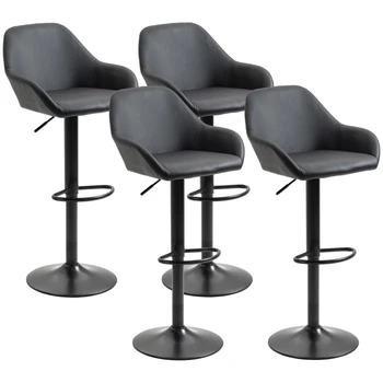 Комплект от 4, Регулируеми продуктова столове, Ротационни По височина Продуктова столове с подложки за краката и облегалката, Изкуствена кожа и стоманен кръгъл основа, черен