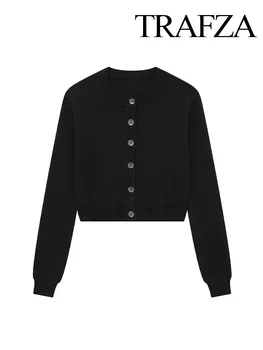 Дамски Есенни ежедневни възли върховете TRAFZA, черни Однобортные дамски пуловер с кръгло деколте и дълъг ръкав, копчета, Нови модни пуловери шик