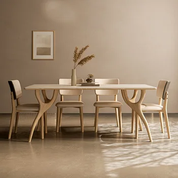 Комбинация от масата за хранене и столове от бял восък дърво, правоъгълна маса за домашно ресторант в скандинавски дървена стил