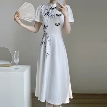 Елегантни вечерни рокли миди с бял бамбук за жени 2023, лятна рокля-туника с подобрено китайски стил Чонсам