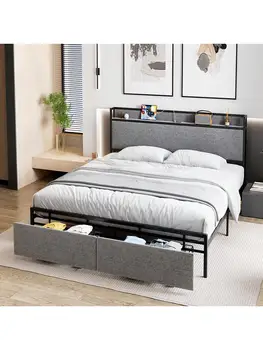 Рамка на легло с 2 чекмеджета за съхранение - Живеейки платформа диван с място за съхранение - зарядно устройство - Заредете метални рейки