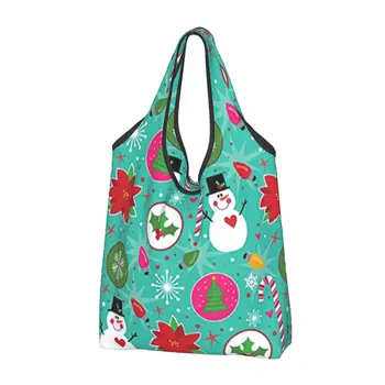 Дамски ежедневни пазарска чанта с Коледен Снеговиком, Голяма чанта голям-тоут, Преносима чанта за съхранение, сгъваеми чанти