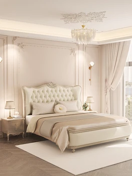 Кожено легло модерна проста светла луксозна основна спалня с двойно легло queen-size, мека чанта за съхранение на кожено легло