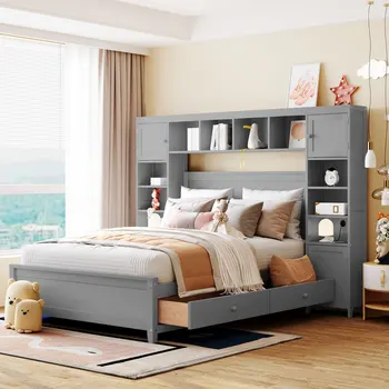 Дървени легла, пълен размер легло, Младежта легло, Модерно легло прост дизайн С вграден шкаф, рафт и гъвкав място за съхранение, за спални