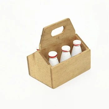Куклена къща 1/12 Миниатюрна дървена бутилка за мляко с предавателна кутия, имитирующая модел на хранене, играчки за мини-бижута, аксесоари за куклена къща