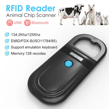 Черно RFID-Четец за животни 134,2 khz 125 khz USB/Bluetooth Скенер на Микрочипове за домашни любимци, Котки, Кучета, Четец на идентификационните етикети на стъклени чипове FDX-B