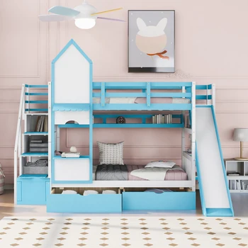 Двойно легло-спалня в стил замък, двойно легло, 2 повдигащи чекмеджета, 3 рафта, едно легло, детско креватче, с чекмеджета за съхранение, пързалка