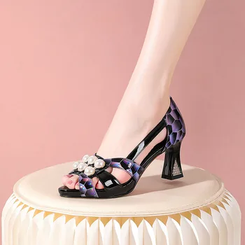 Дамски Летни сандали Phoentin с отворени пръсти 2023, Дамски обувки на висок ток с перли, разноцветни кристали FT2619