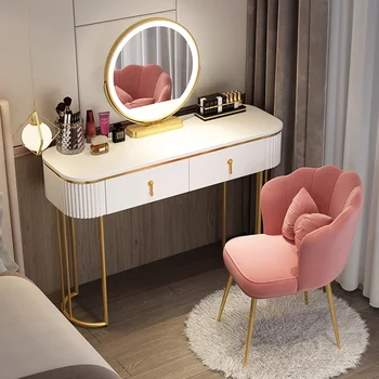 Луксозен Тоалетка за Грим Огледало, Стол За Съхранение на LED Тоалетка Кутия за Спални Tocador Maquillaje Минималистичная мебели