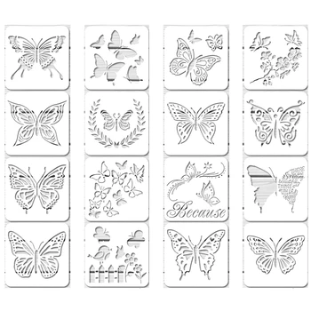 16 Бр. за многократна употреба на листа с пеперуди, модел на пеперуда, шаблони за художествена стенопис, декорация за стените, направи си сам (6x6 см)