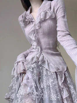 QIWN Ретро Френски комплект от две части, Женски лилаво Елегантна юбочный костюм с рюшами, дамски блуза с цветен модел в стил ретро + Корея пола midi