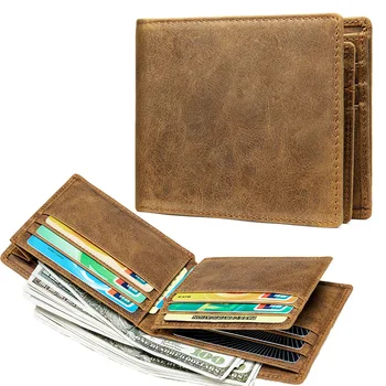 Ретро Жълт Мъжки кожен портфейл със защита от кражба, държач за карти, Ретро Кратък портфейл за подарък на приятел за рожден ден