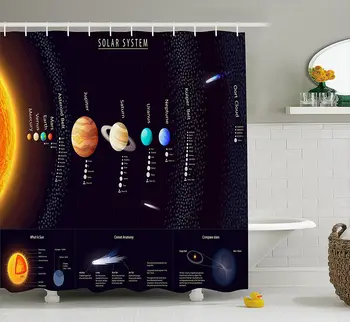 Завеса за душ от космоса, подробна Слънчевата система с научна информация, телескоп Вселената Юпитер, Сатурн, Пердета за баня