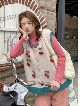 Жена с жилетка-елек 2023, Есента съраунд череша вязаный топ в контрастен цвят, Корейски Сладък Пуловер-жилетка полочиха