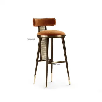 Модерни бар столове от ратан от масивно дърво за кухненско обзавеждане, Висока маса, Творчески бар столове за дома, Лека луксозна облегалка, висок стол