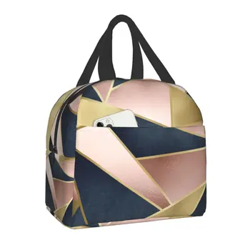 Rose Gold Розово, тъмно синьо абстрактен Геометричен модел Изолирано чанта за обяд Женската Геометрична чанта за топли и студени вечери Деца и Ученици