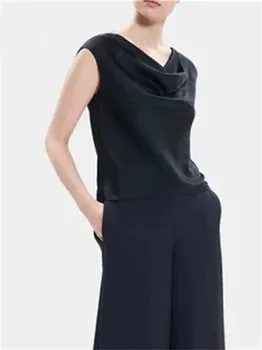 Дамска блуза с ворсистым яка, сатен елегантна без ръкави 2023, началото на есента, женски монофонични топ