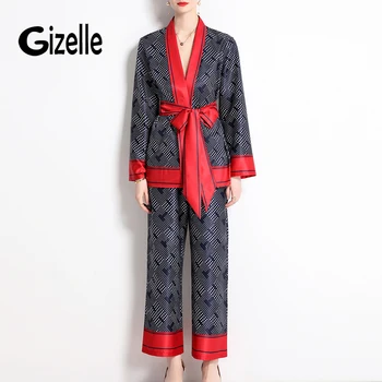 Gizelle/ Дамски Модни Свободни дамски Блузи с Винтажным Принтом, Ризи + Висококачествени Широки Панталони с еластичен ластик на талията y2k, Дрехи Трафика Za