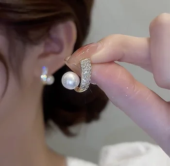 Корейски перлени обеци, обеци с кристали, Модни обеци, дамски бижута