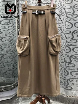 LUXE & ENVY Новата Европейска дамски дрехи С еластичен колан и джоб с цип със средна дължина, рокля със средна дължина, Защитно рокля 2023 Есен