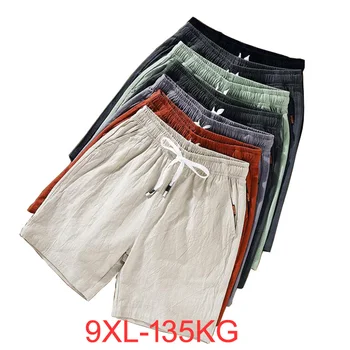 Летни мъжки памук, ленени шорти в китайски стил, големи размери 6XL 7XL 8XL 9XL, къси панталони, мъжки ежедневни домашни ластични шорти, зелено, Оранжево 49