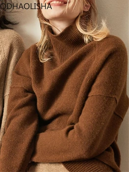 Жена пуловер 2023, Новостите на Есен-Зима, Корейски Женски Ретро Прост Дебел вълнен пуловер с висока воротом, Пуловер, Долна пуловер