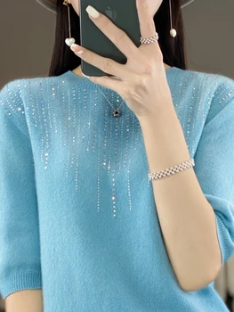 Жена пуловер, Корейски вълнен пуловер с къси ръкави, Безпроблемна готови дрехи с кръгло деколте във формата на диамант, оборудвана пуловер
