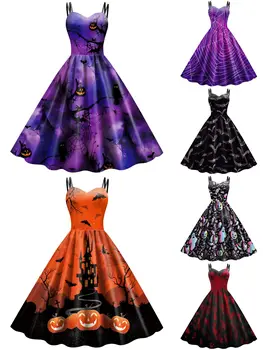 Европейско-американски стил, Женствена рокля-пола на спагети презрамки с принтом тикви и прилепи за Хелоуин, Ежедневни дамски Дълги рокли от полиестер