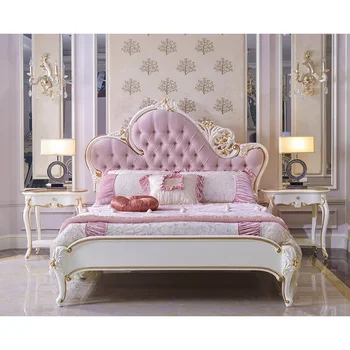 Royal френски мебели са внесени твърда дървена европейската легло принцеса от плат 1,5 м розова спалня за момичета