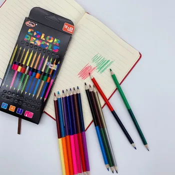24 Вида цветове 12 бр. двуглавият цветен оловен молив, дървени цветни моливи за рисуване, Канцеларски материали, ученически пособия