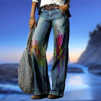 Висококачествени дамски панталони Y2k, Свободни, с 3D принтом Графити, Ежедневни Преки Свободни дамски дънки от тънък деним Голям размер